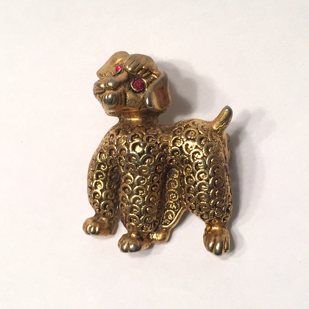 Gold Poodle Curly Fur Dog Red Filigree Pin Brooch